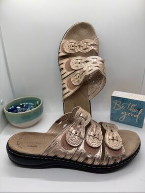 Clarks Gold / Rose Gold Braided Multi-Strap Slide Sandals